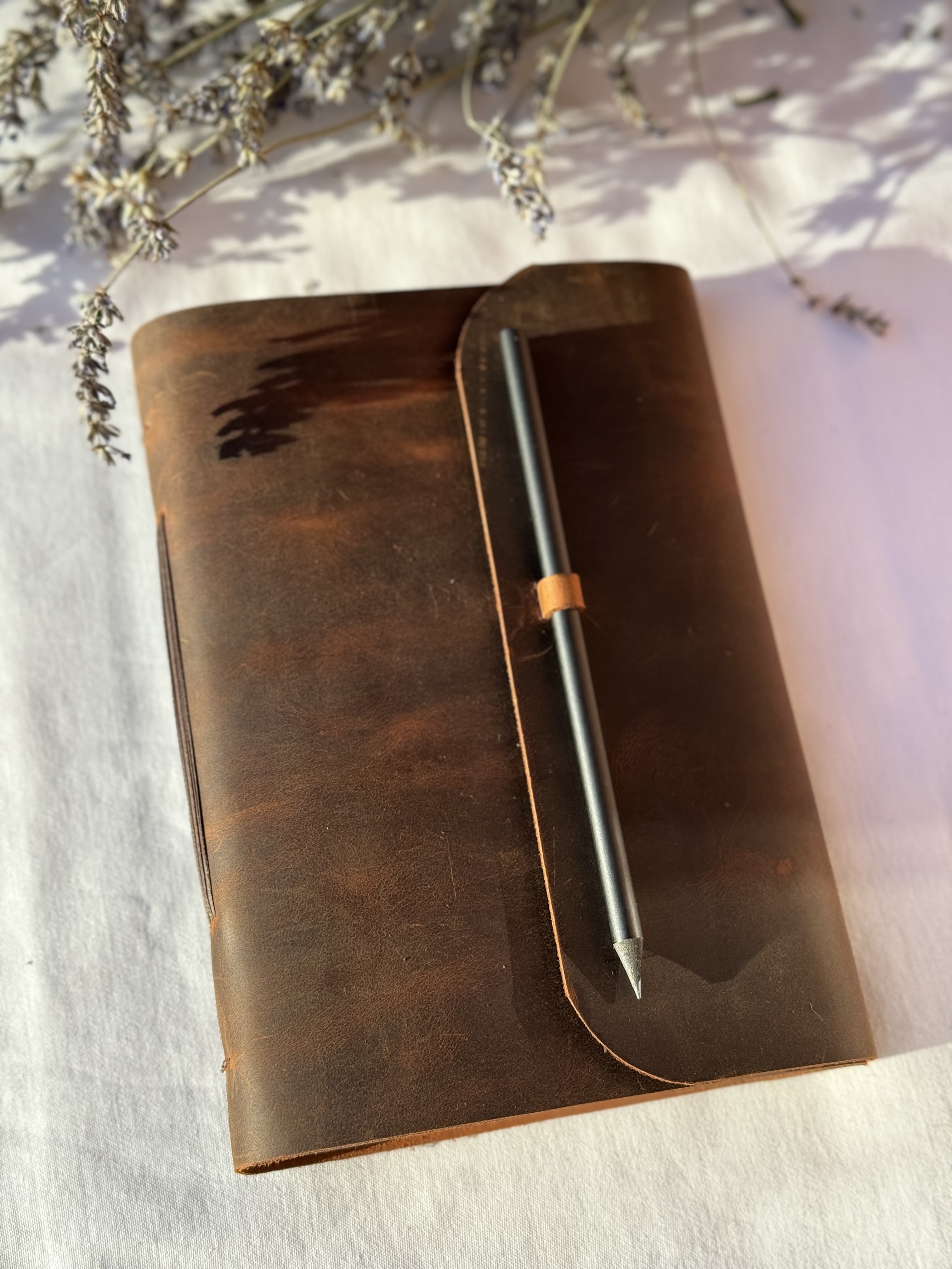 Brown Leather Notebook with Pencil