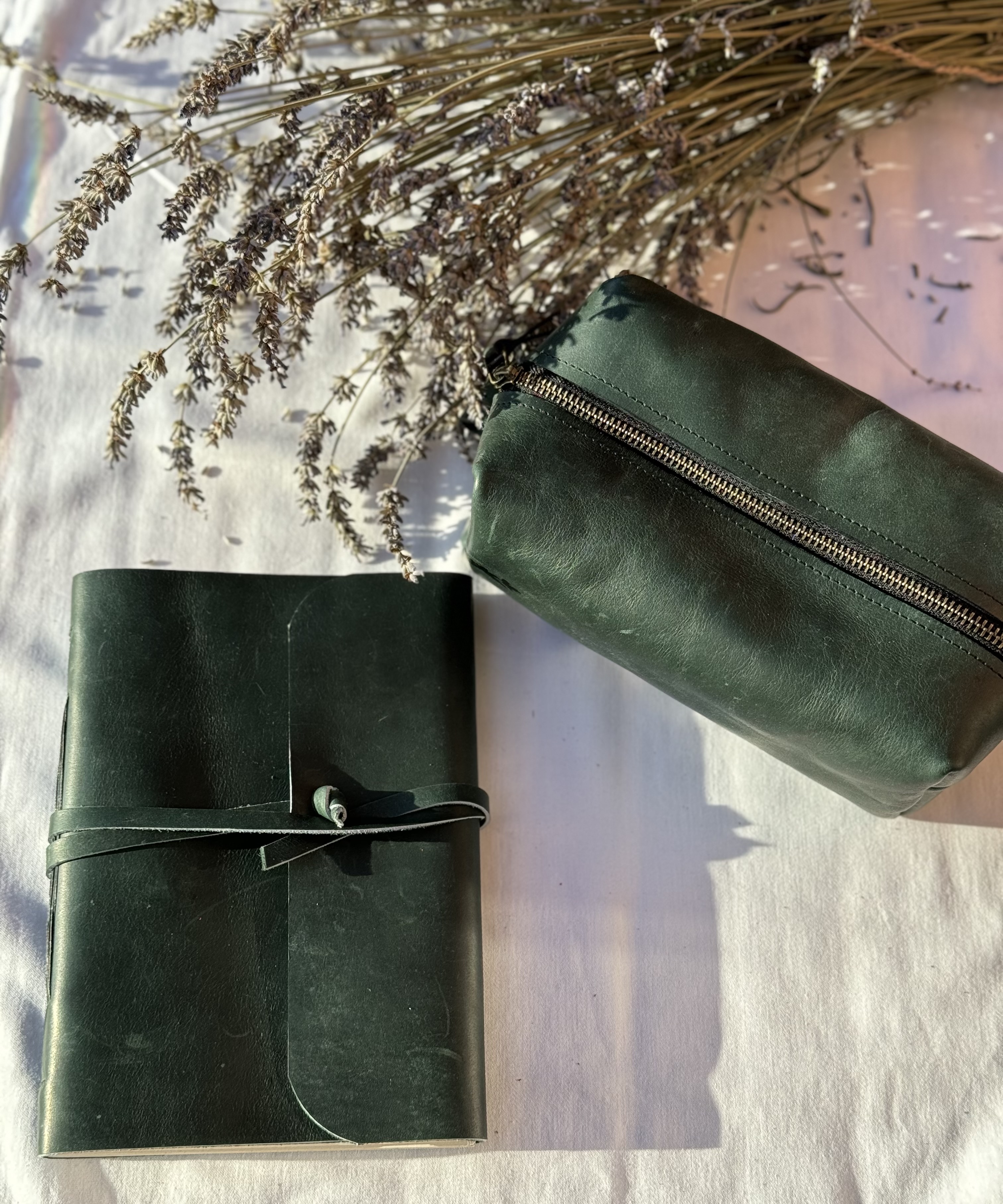 Green Leather Notebook & Cosmetic bag