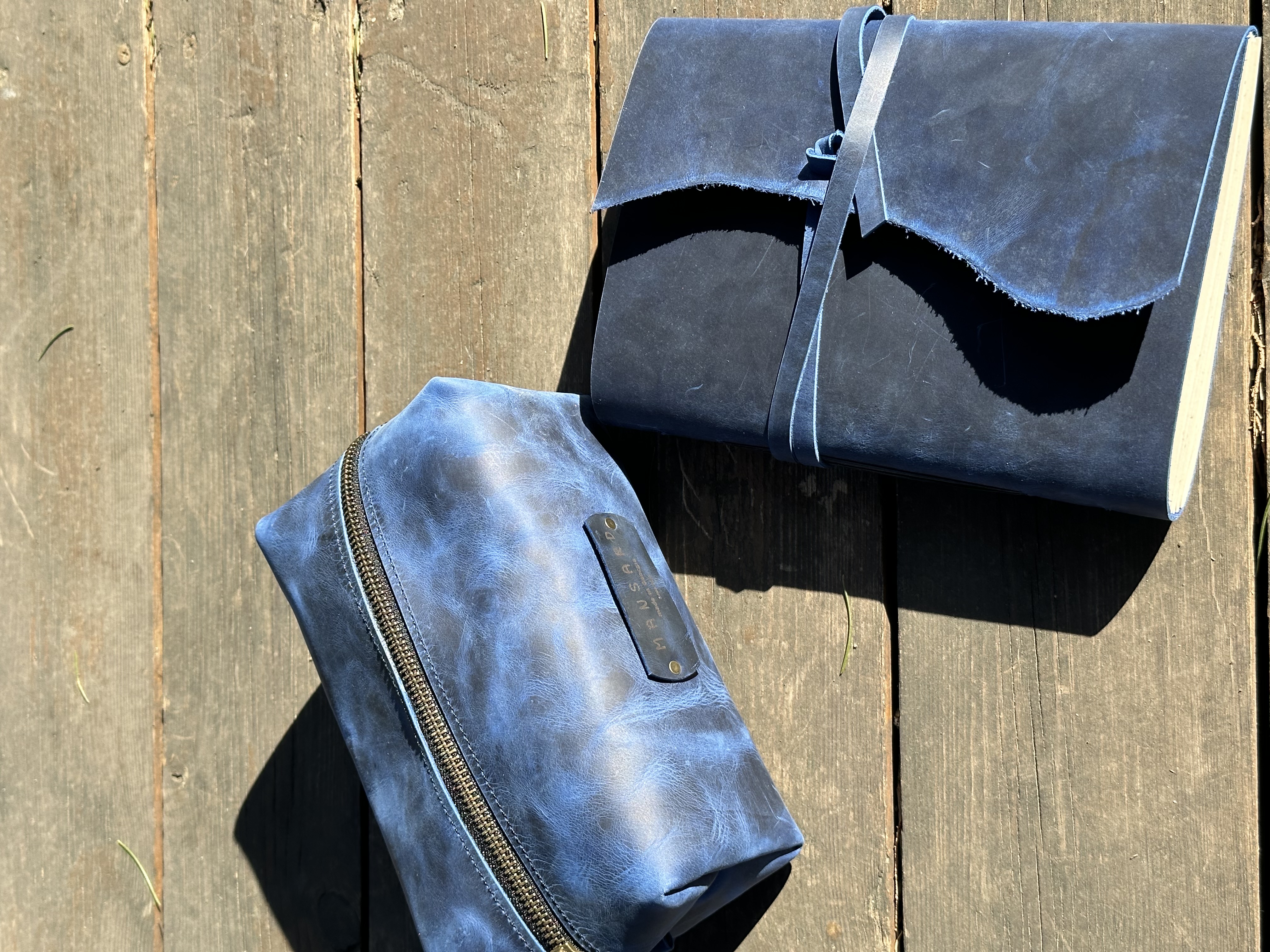 Blue Leather Notebook & Cosmetic bag